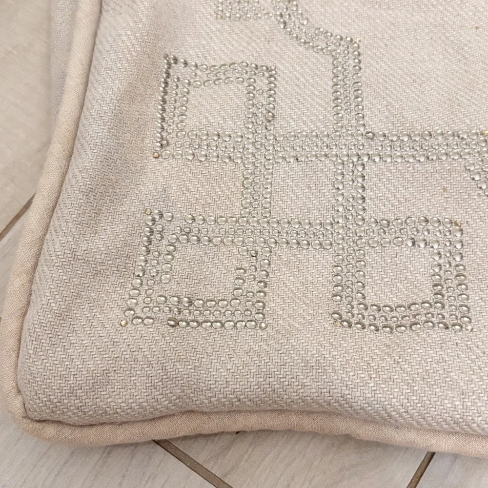 MICHELLE HATCH Beige Studded Embellished Square Linen Blend Pillow Cover 20”X20”